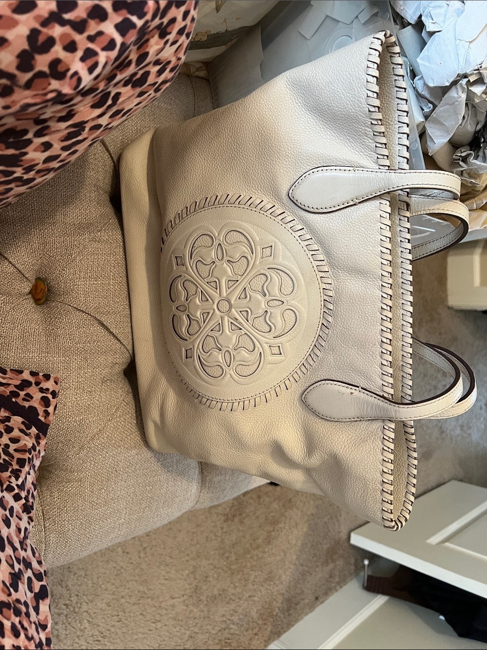 Brighton Cream Leather Tote with Embossed Medallion